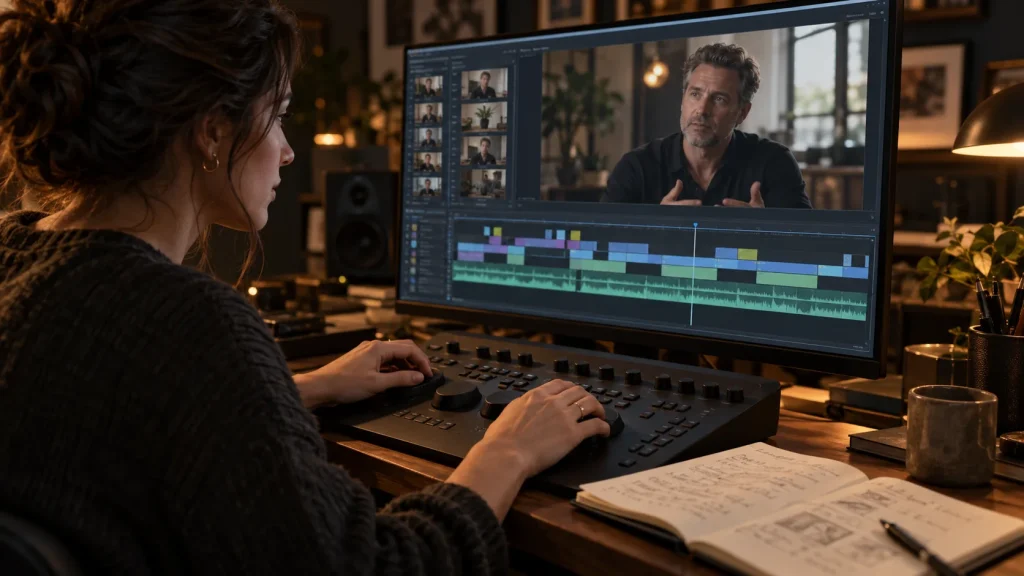 Video editor refining an interview using an editing console
