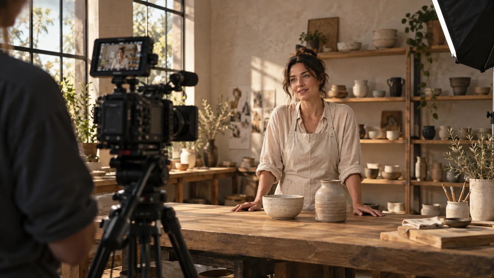 Business owner filming a product demonstration during a studio content shoot