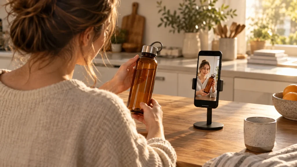 Creator recording a product demonstration on a smartphone in a kitchen