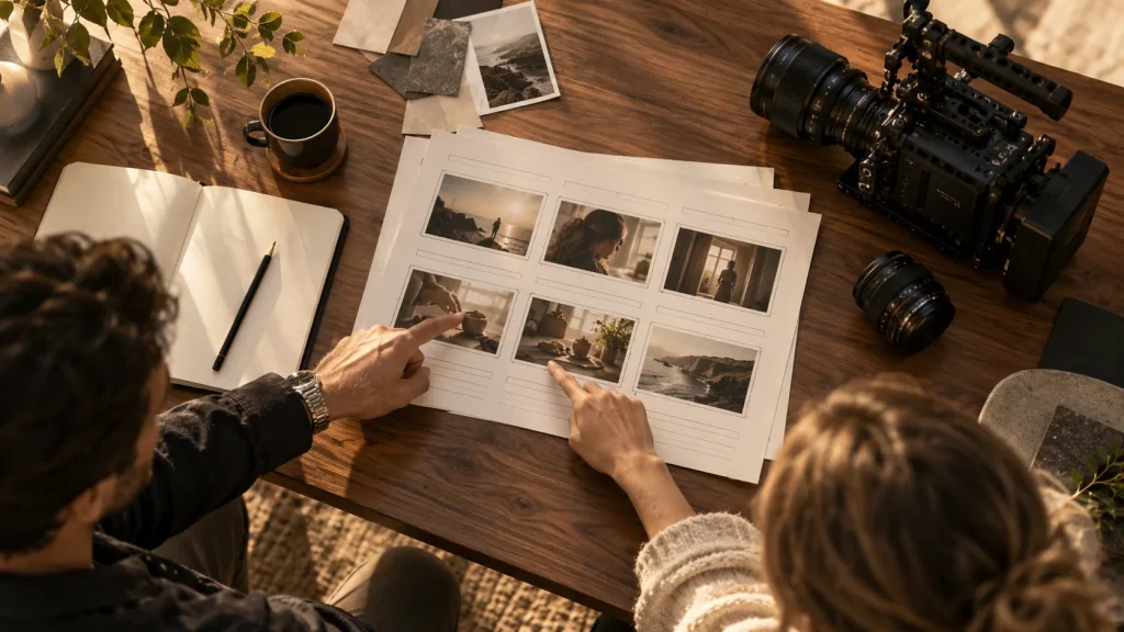 Collaborators planning video storyboards beside a professional camera
