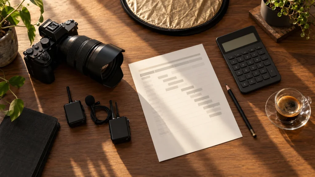 Video camera, microphones and a production plan arranged on a timber desk