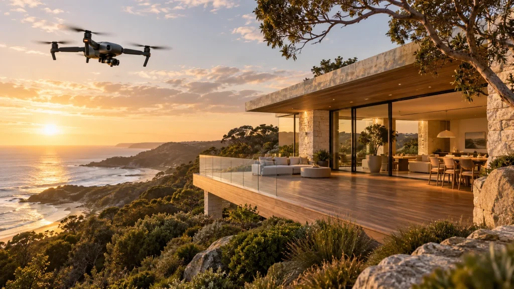 Drone beside a contemporary coastal home in warm evening light