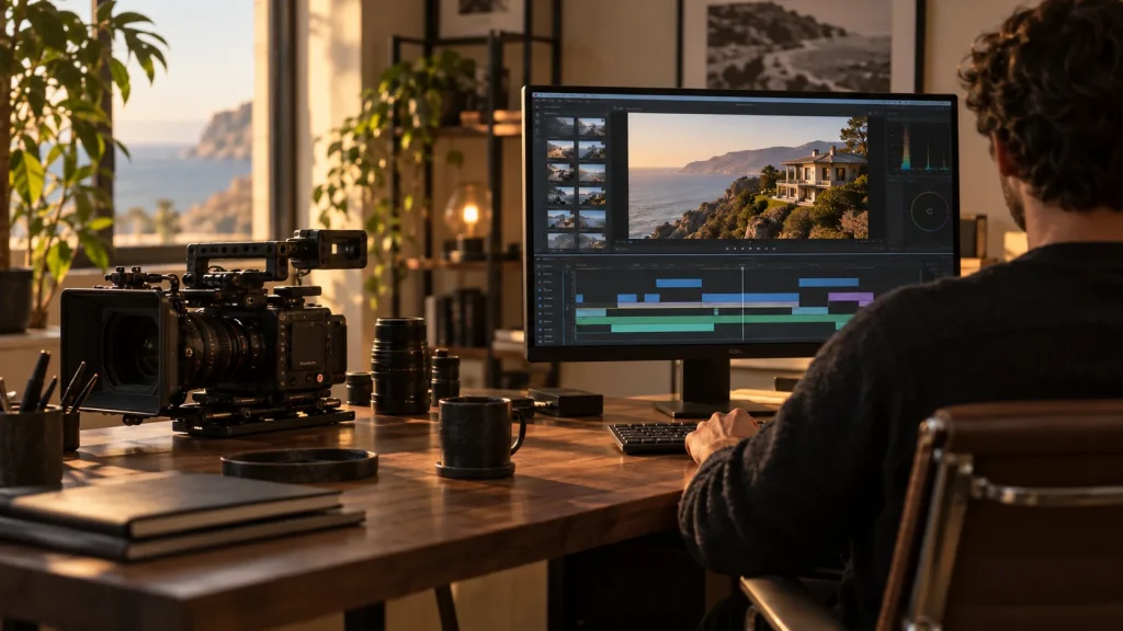 Professional camera beside a video editing monitor in a warm studio